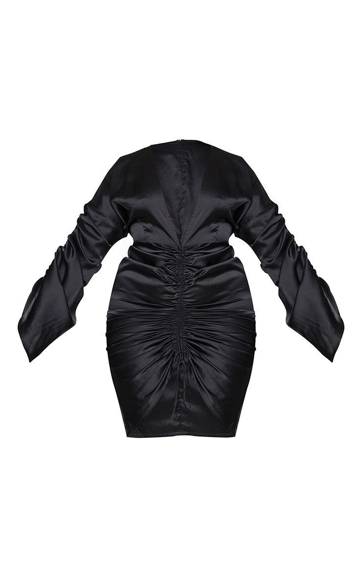 Plus Black Satin Plunge Ruched Front Dress image 6
