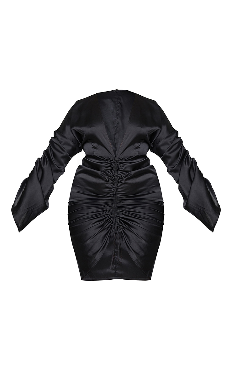 Plus Black Satin Plunge Ruched Front Dress image 6