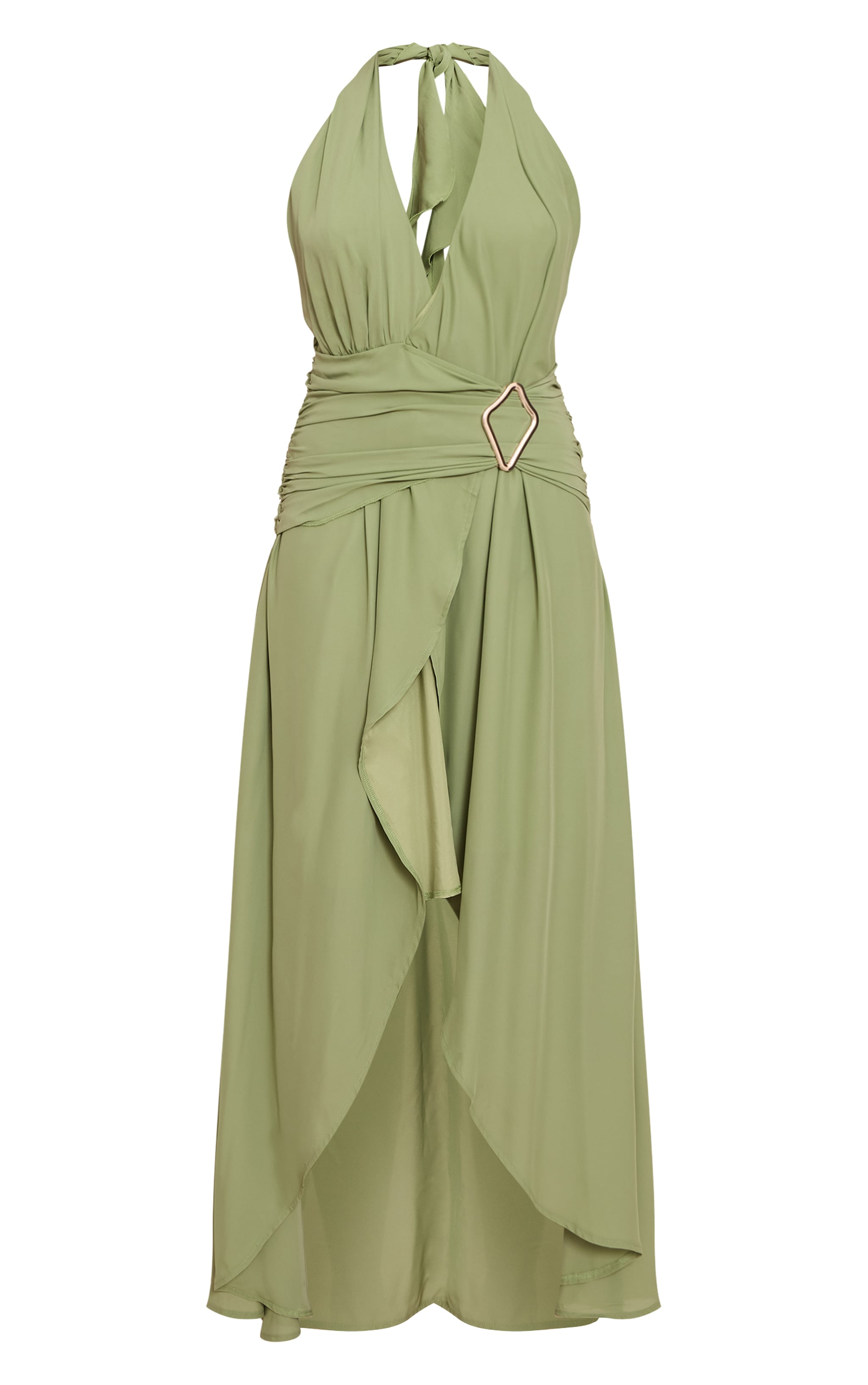 Robe longue en mousseline de soie sauge à décolleté et empiècement image 5