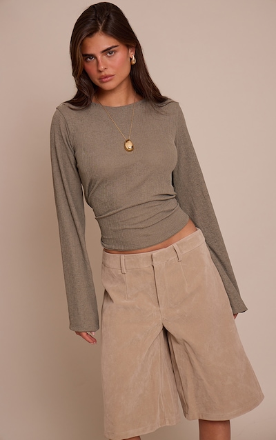 Khaki Rib Onion Skin Flare Long Sleeve Top