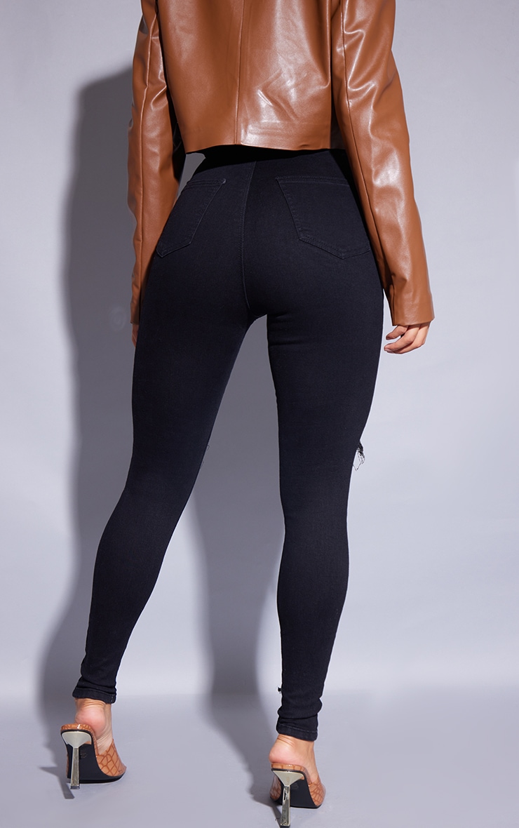 PRETTYLITTLETHING Black Disco Knee Rip Skinny Jeans image 3