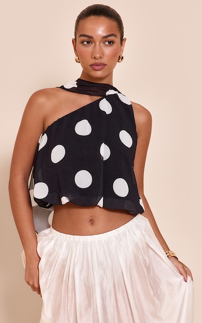 Black Polka Dot Print Chiffon Scarf Detail Puffball