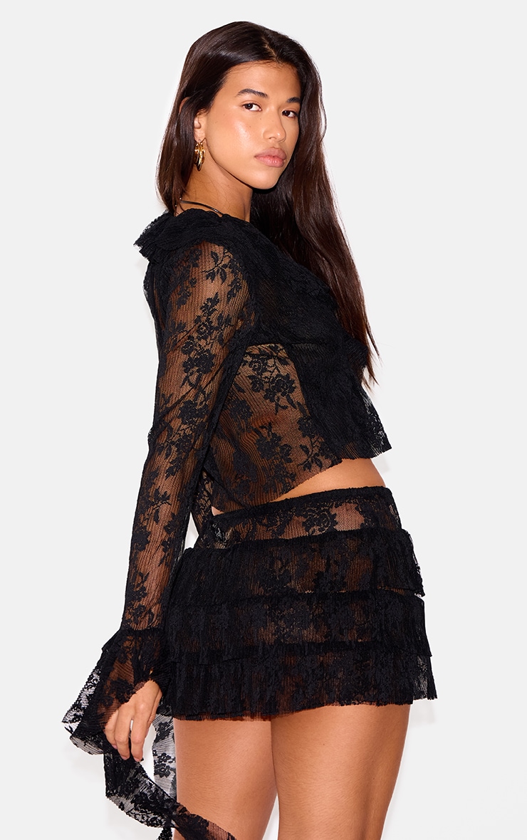 Black Floral Lace Ruffle Detail Tie Front Shirt image 2