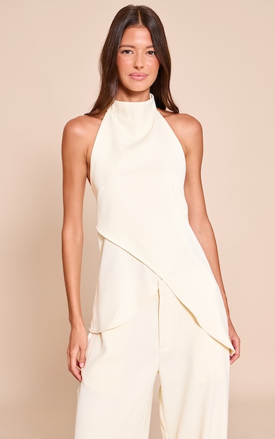 Butter Cream Woven High Neck Wrap Long Top