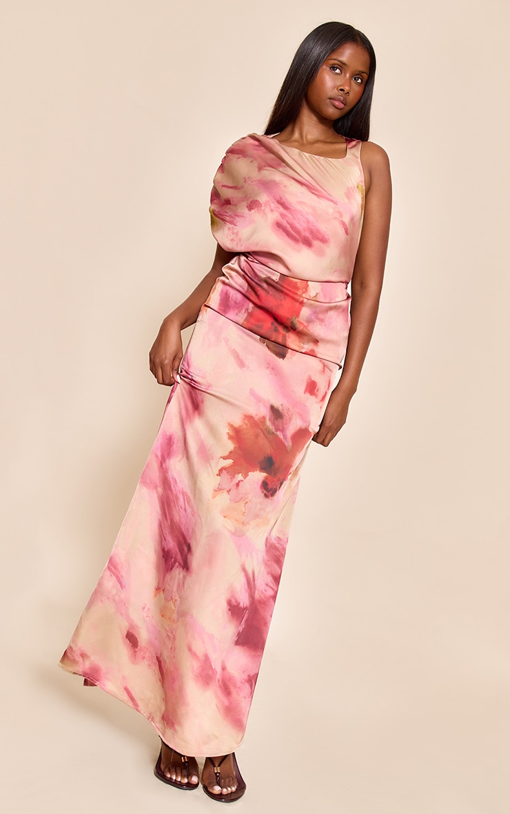 Pink Printed Asymmetric Ruched Detail Maxi Dress image 3