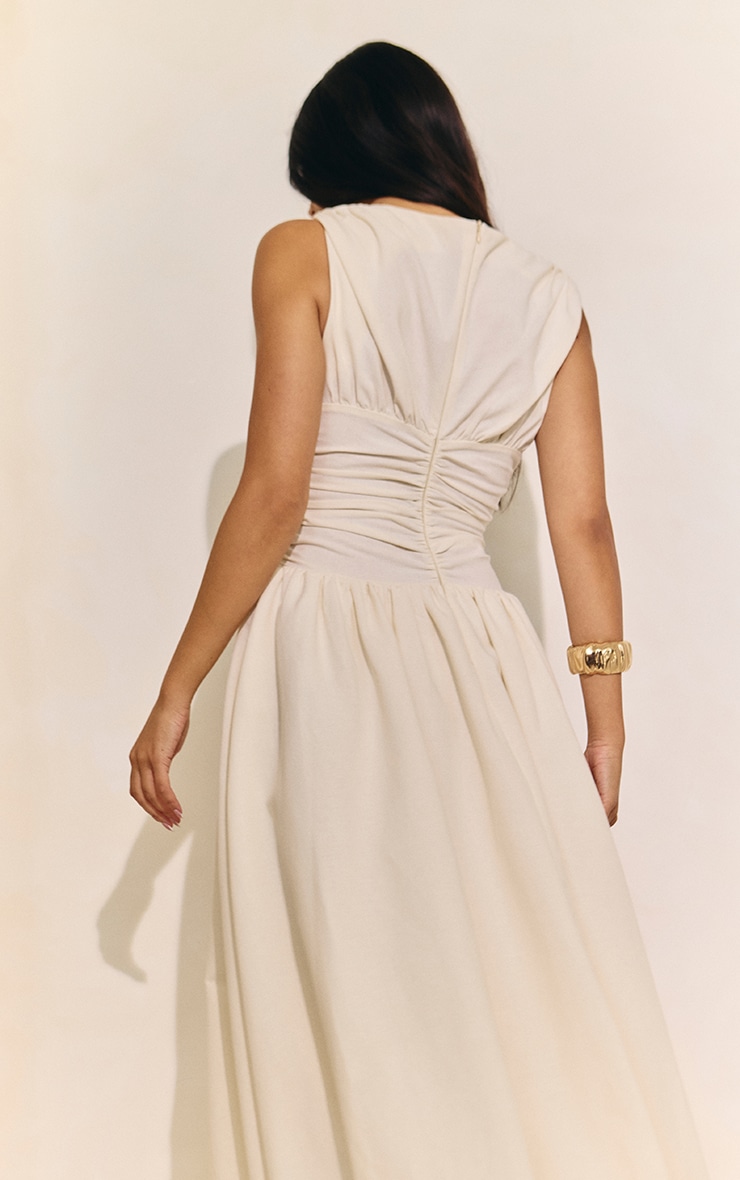 Cream Boat Neck Ruched Detail Puffball Maxi Dress image 5