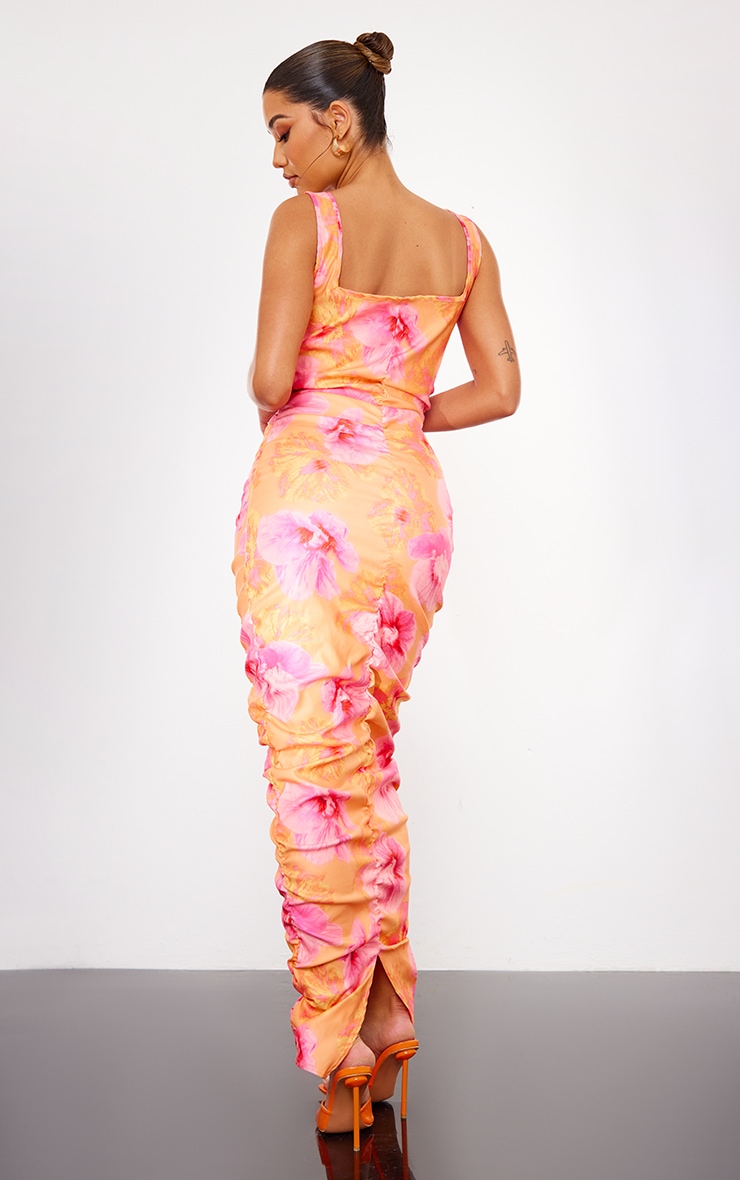 Pink Floral Printed Extreme Ruched Midaxi Dress image 2