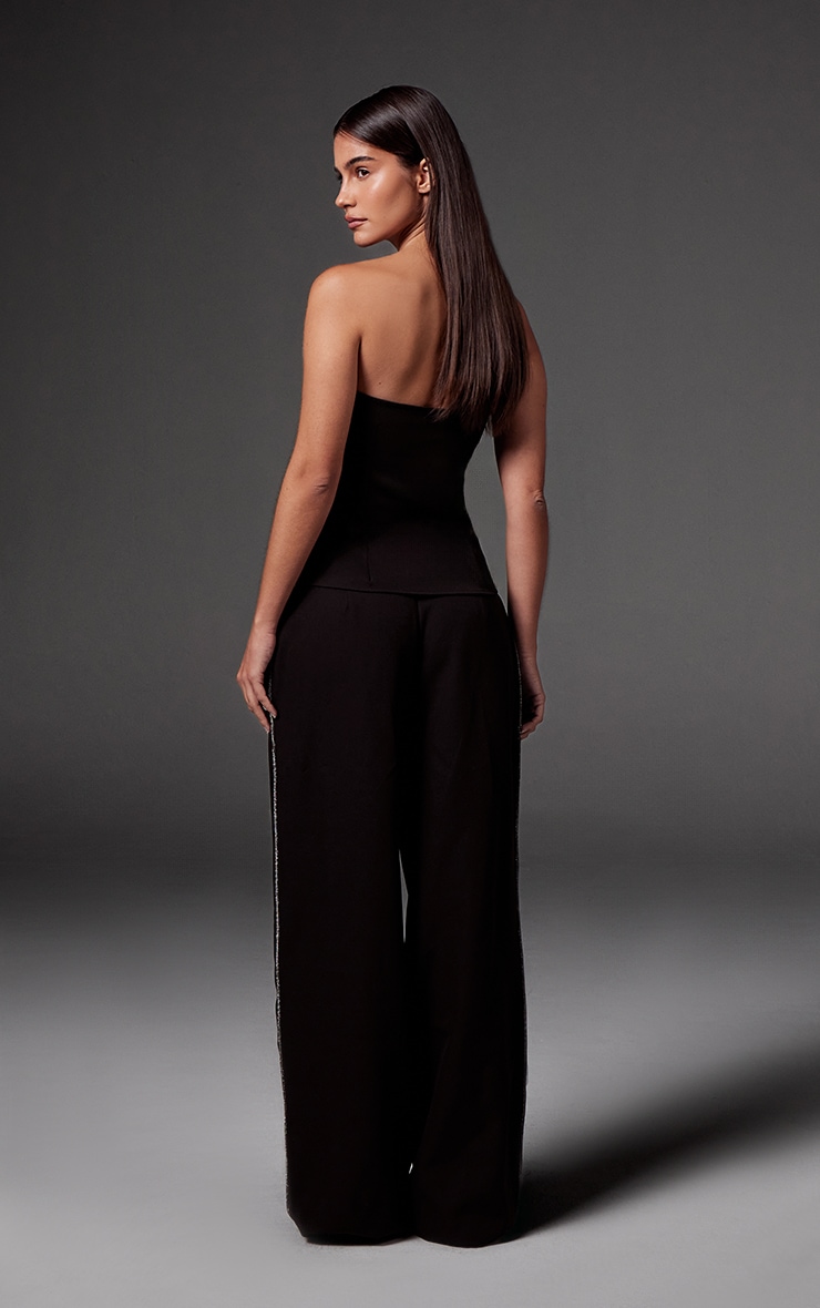 Black Woven Tailored Diamante Trim Wide Leg Pleated Pants image 3