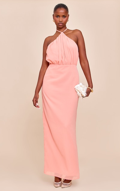Peach Chiffon Halter Neck Maxi Dress