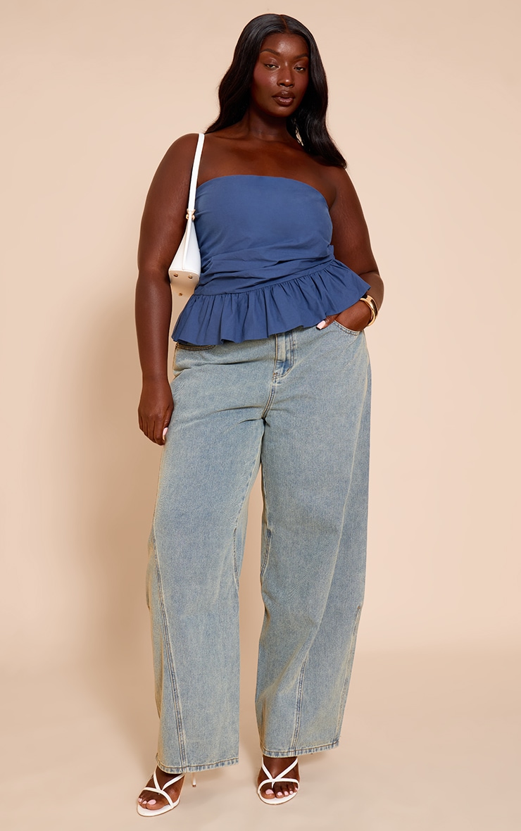 Plus Navy Cotton Bandeau Peplum Frill Top image 3