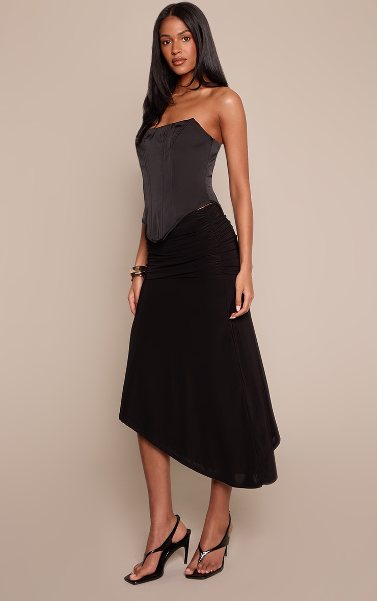 Tall Black Slinky Drop Waist Asymmetric Midi Skirt