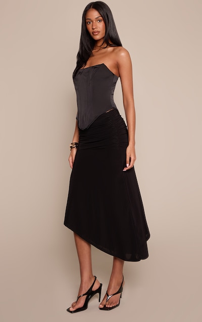 Tall Black Slinky Drop Waist Asymmetric Midi Skirt