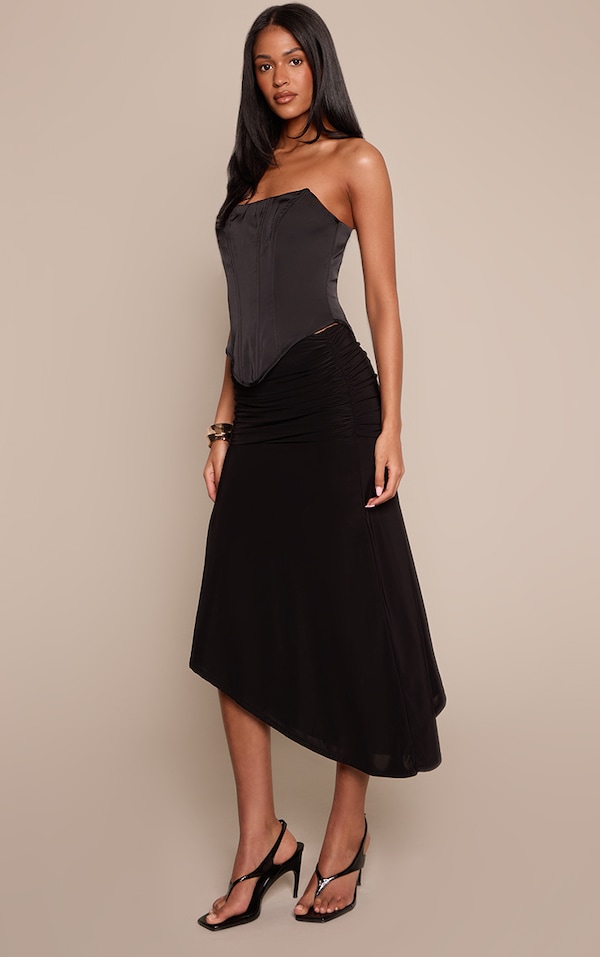 Tall Black Slinky Drop Waist Asymmetric Midi Skirt 