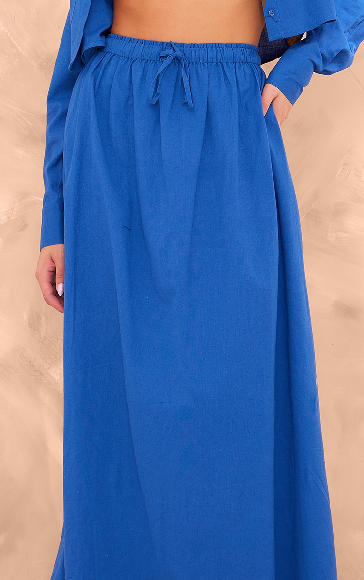 Dark Blue Linen Look Drawstring Waist Maxi Skirt image 4