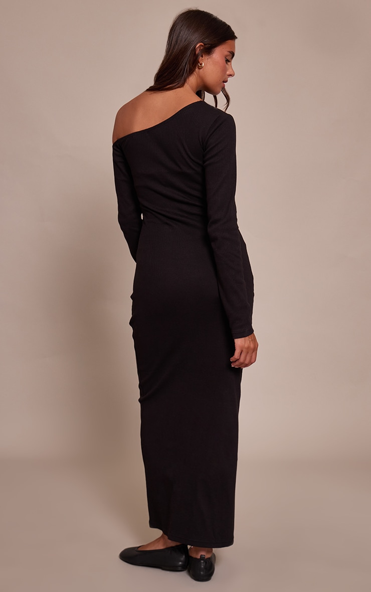 Black Ribbed Asymmetric Long Sleeve Maxi Dress image 2