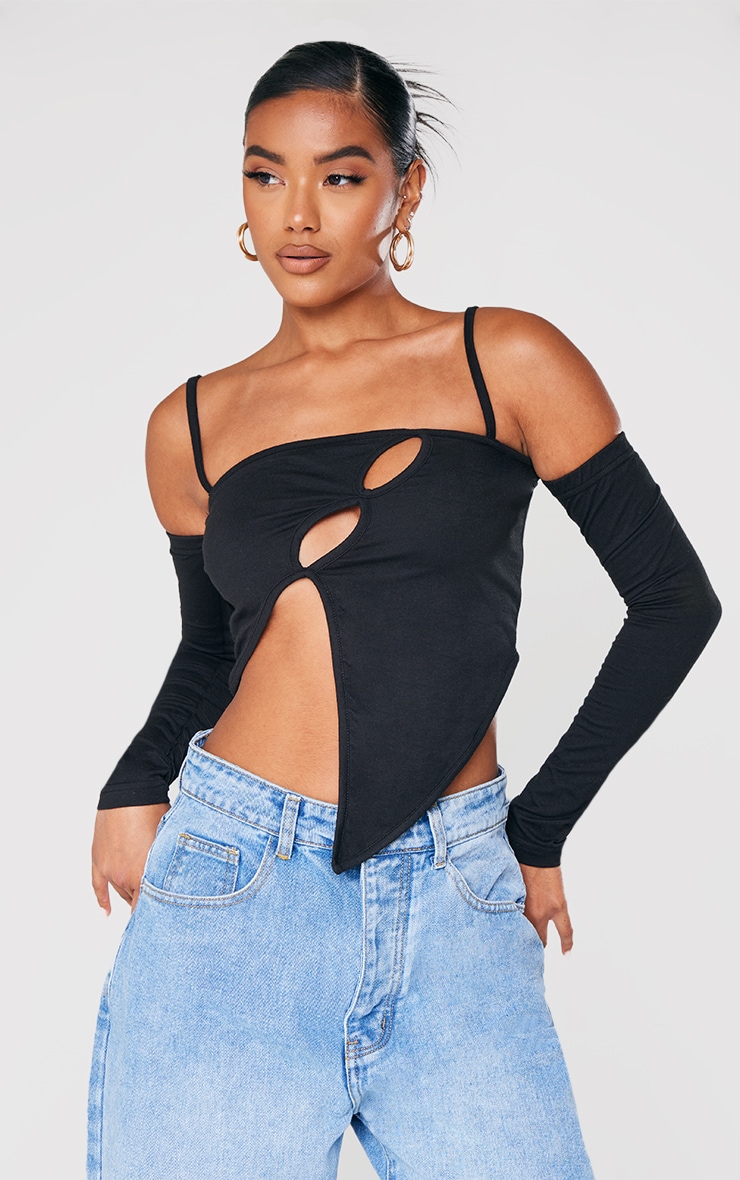 Black Jersey Cold Shoulder Asymmetric Strappy Crop Top