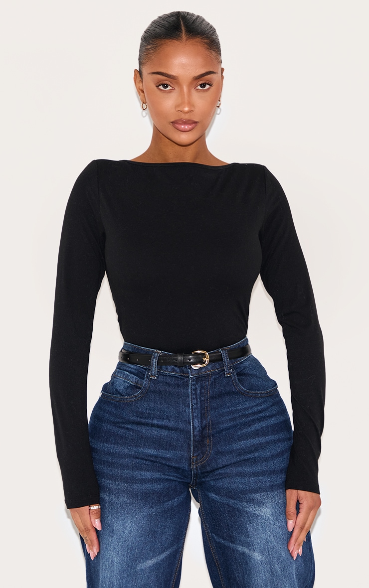 Shape Black Built In Bra Sculpt Boat Neck Long Sleeve Bodysuit image 1
