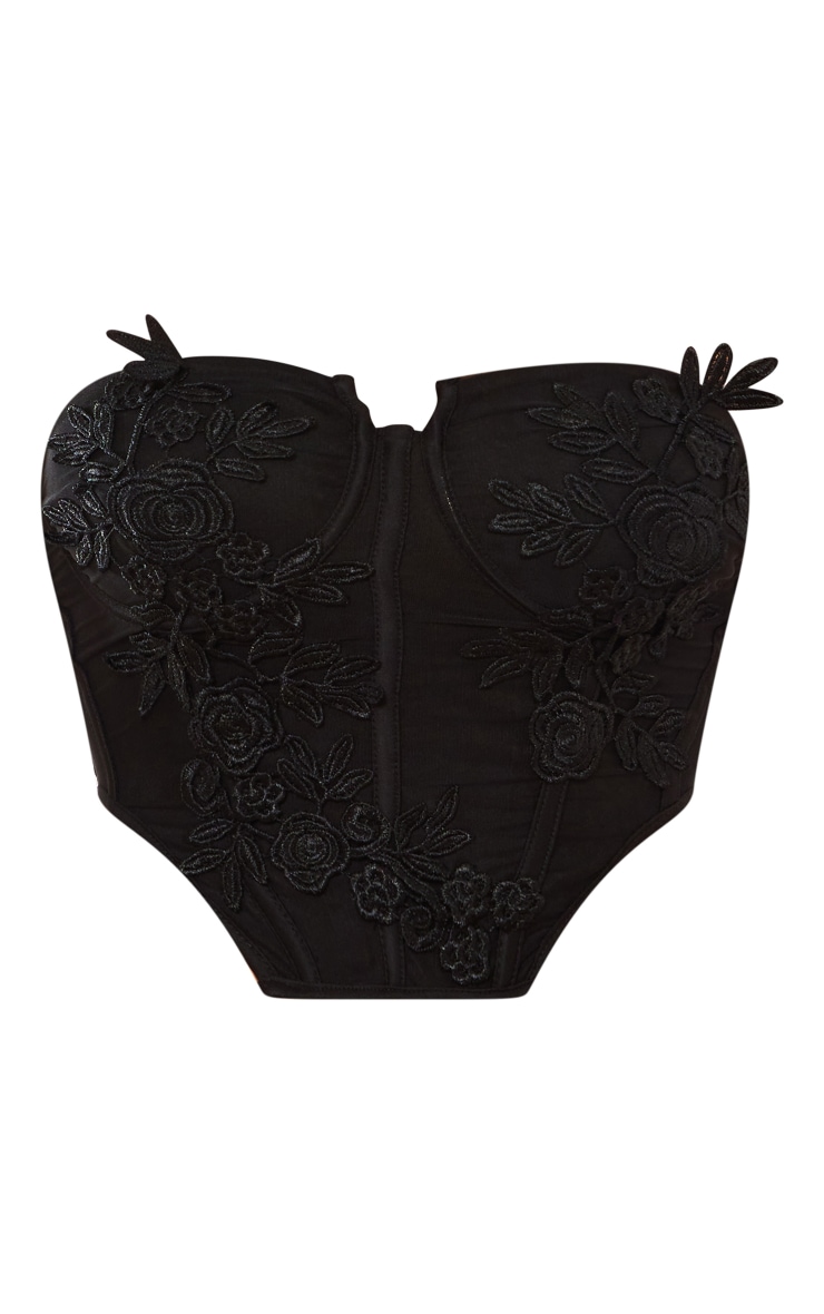 Black Applique Mesh Crop Corset Tops PrettyLittleThing QA