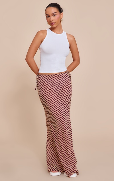 Jupe longue marron clair transparente à rayures et taille basse