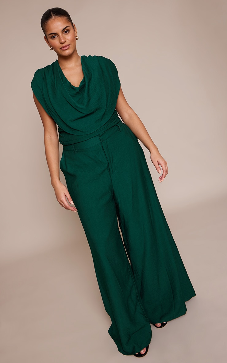Plus Emerald Green Woven Ruched Shoulder Cowl Neck Top  image 3