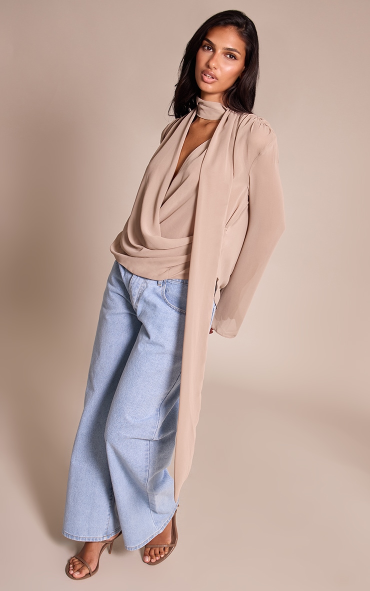 Stone Chiffon Scarf Detail Extreme Cowl Neck Blouse image 3