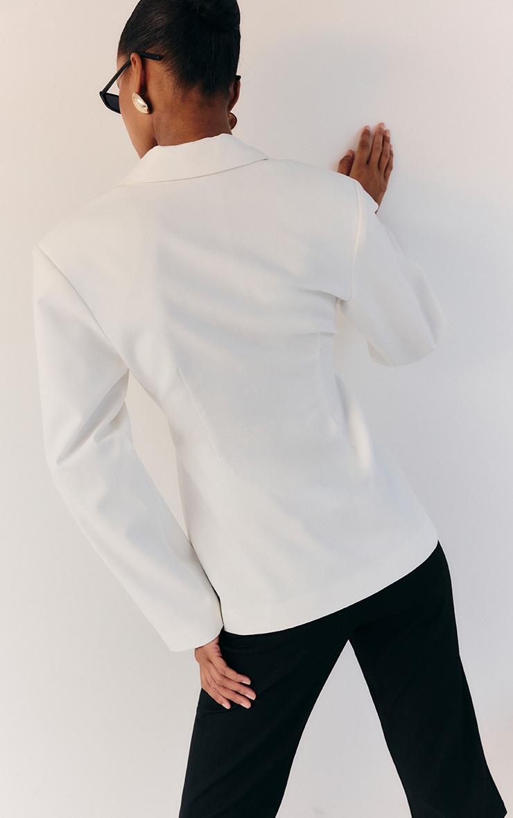 White Linen Look Tailored Cinched Waist Blazer image 2