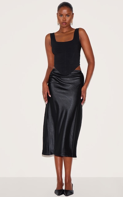 Black Satin Bias Cut Midi Skirt