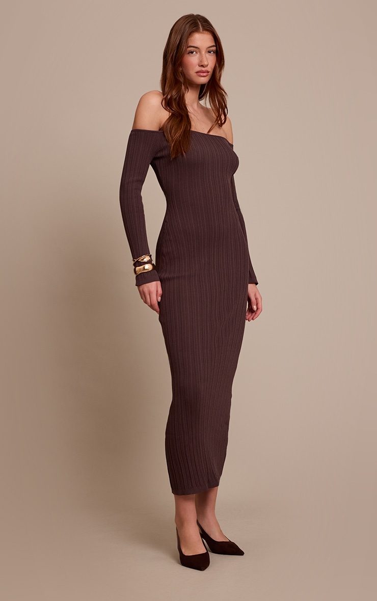 Chocolate Fine Knit Off the Shoulder Maxi Dress image 3