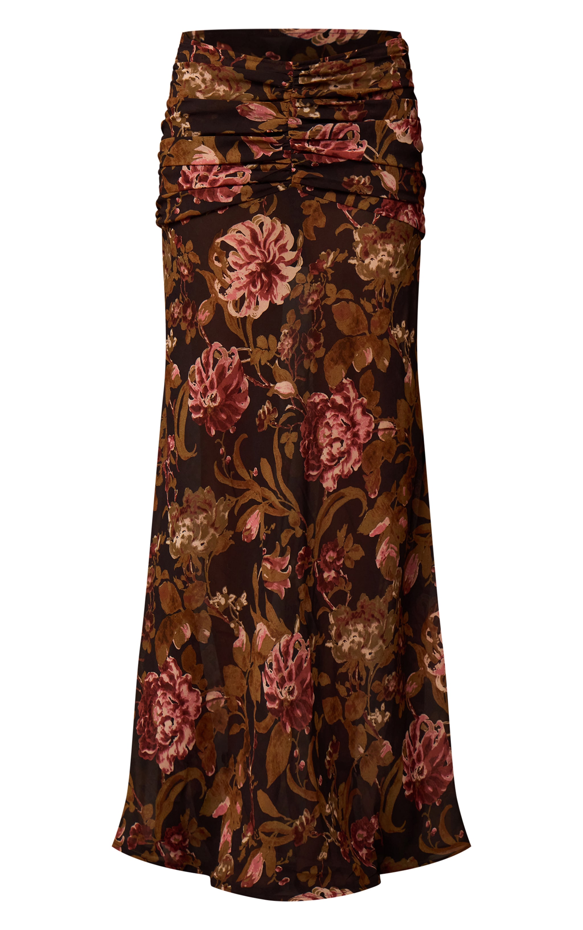 Black Floral Printed Chiffon Ruched Detail Maxi Skirt image 5