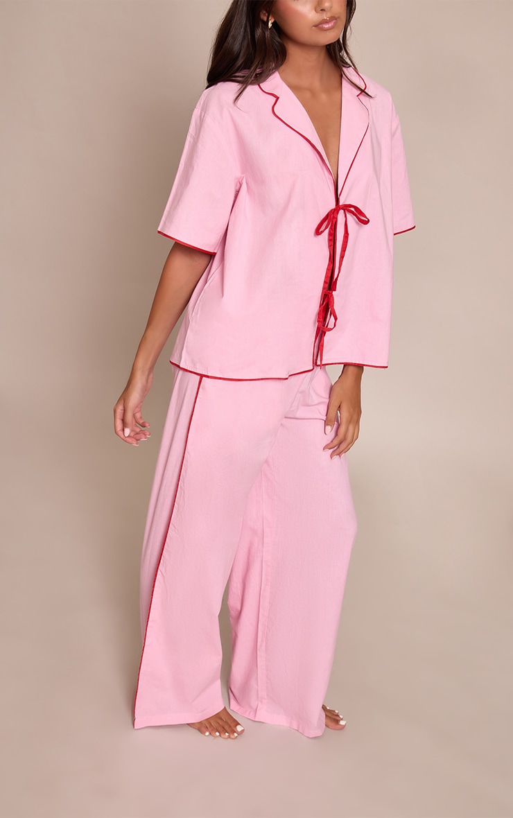 Pink Contrast Tie Up Wide Leg Pyjamas image 2
