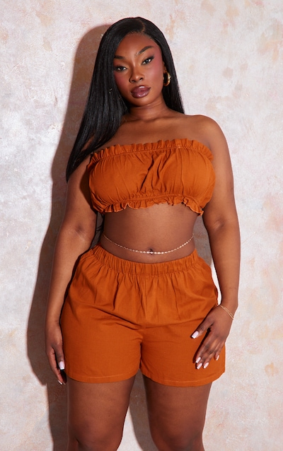 Plus Crop top bustier en effet lin rouille à bordures volantées