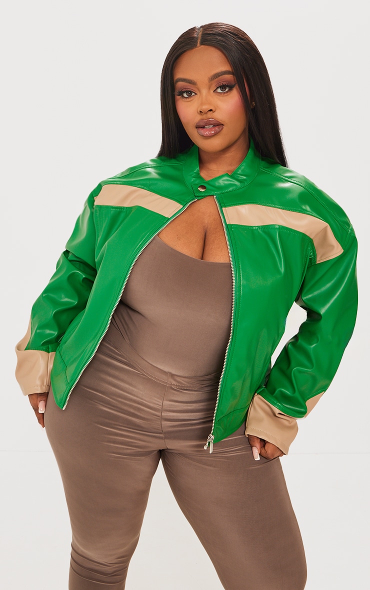 Plus Green Pu Racer Neck Pleated Detail Jacket image 3