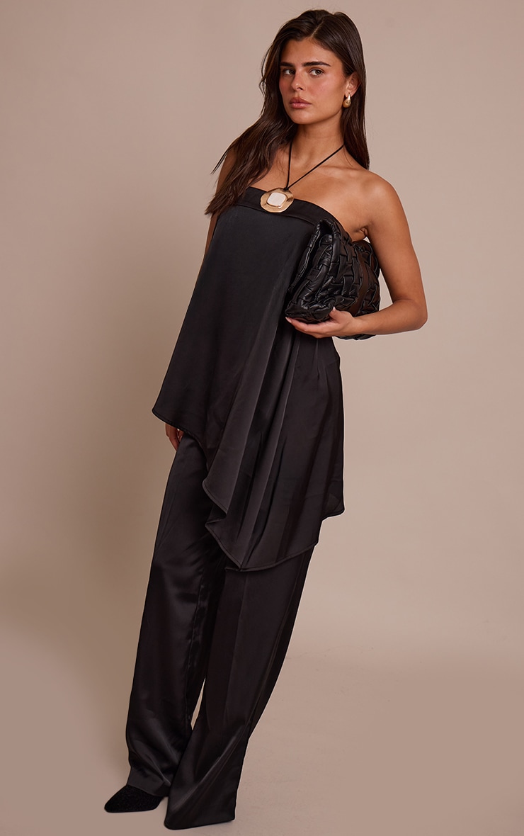 Black Satin Bandeau Asymmetric Hem Floaty Long Top image 3