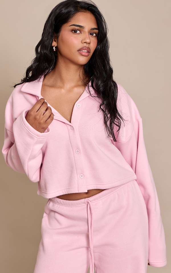 Petite Pink Cropped Button Up Collared Sweatshirt 