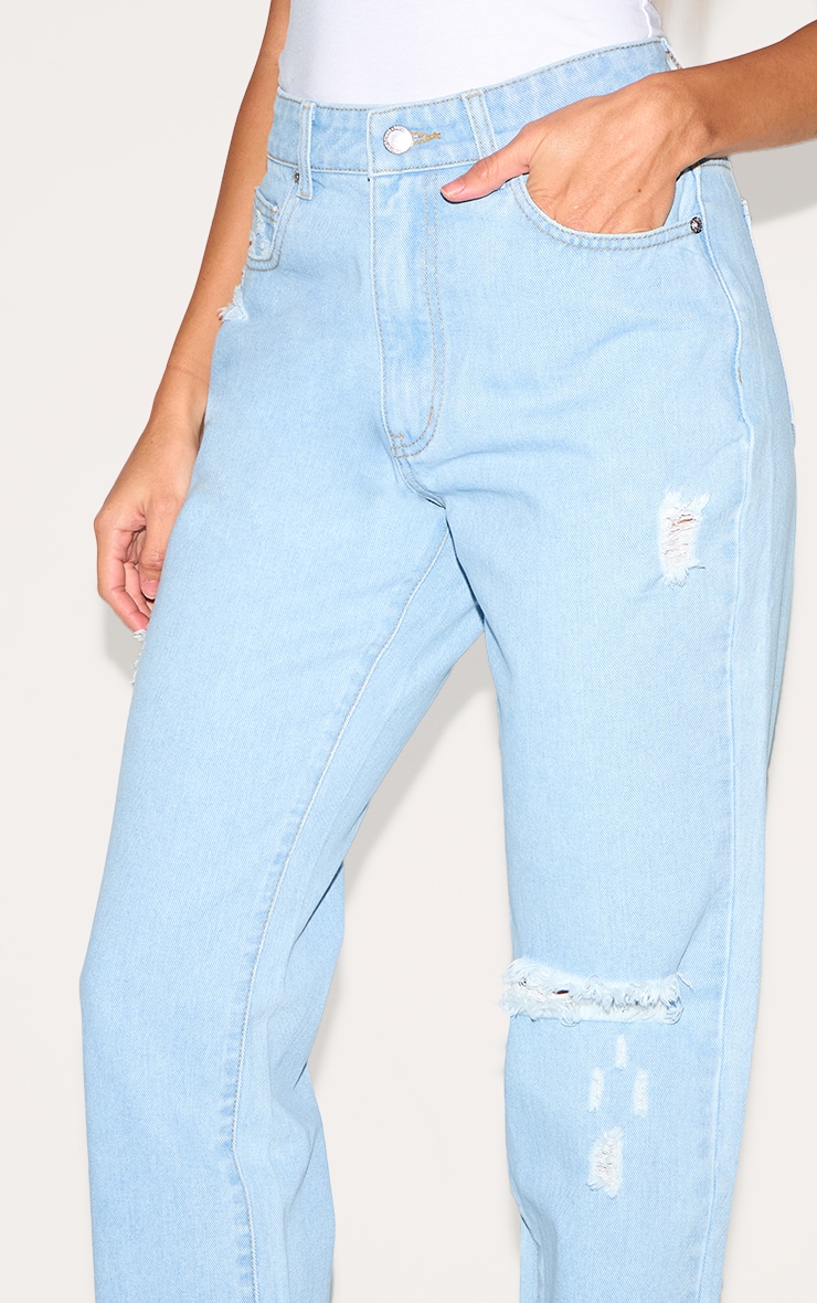 Jean droit bleu clair délavé élimé à taille haute image 4