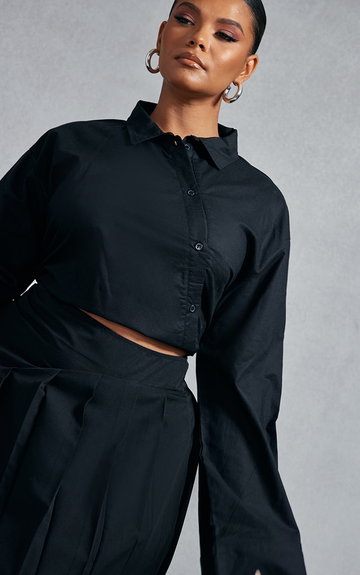 Plus Black Flared Poplin Asymmetric Button Up Shirt image 4