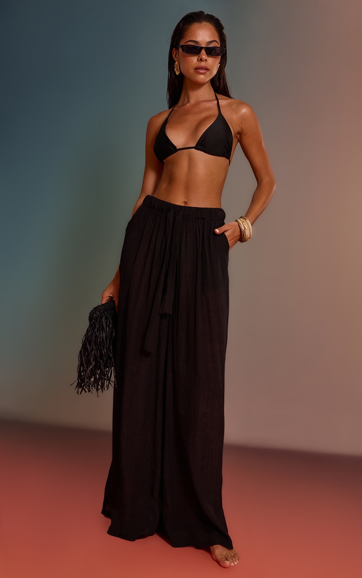 Black Palazzo Linen Look Beach Trousers