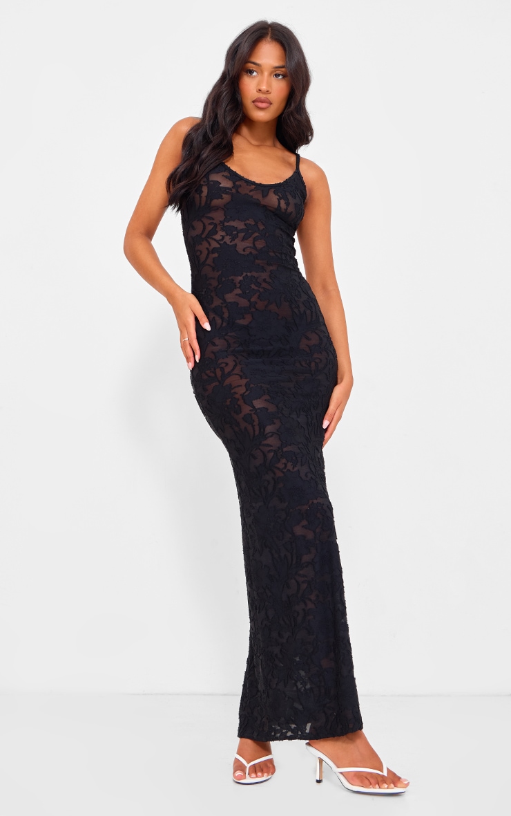 Tall Black Floral Textured Cami Strap Maxi Dress image 1