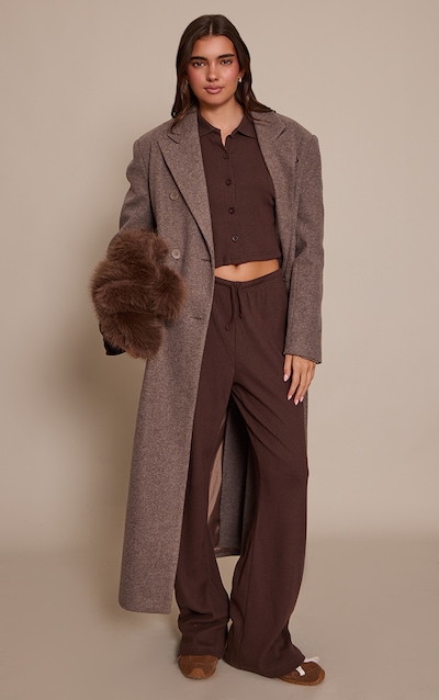 Chocolate Brown Brushed Rib Wide Leg Drawstring Pants