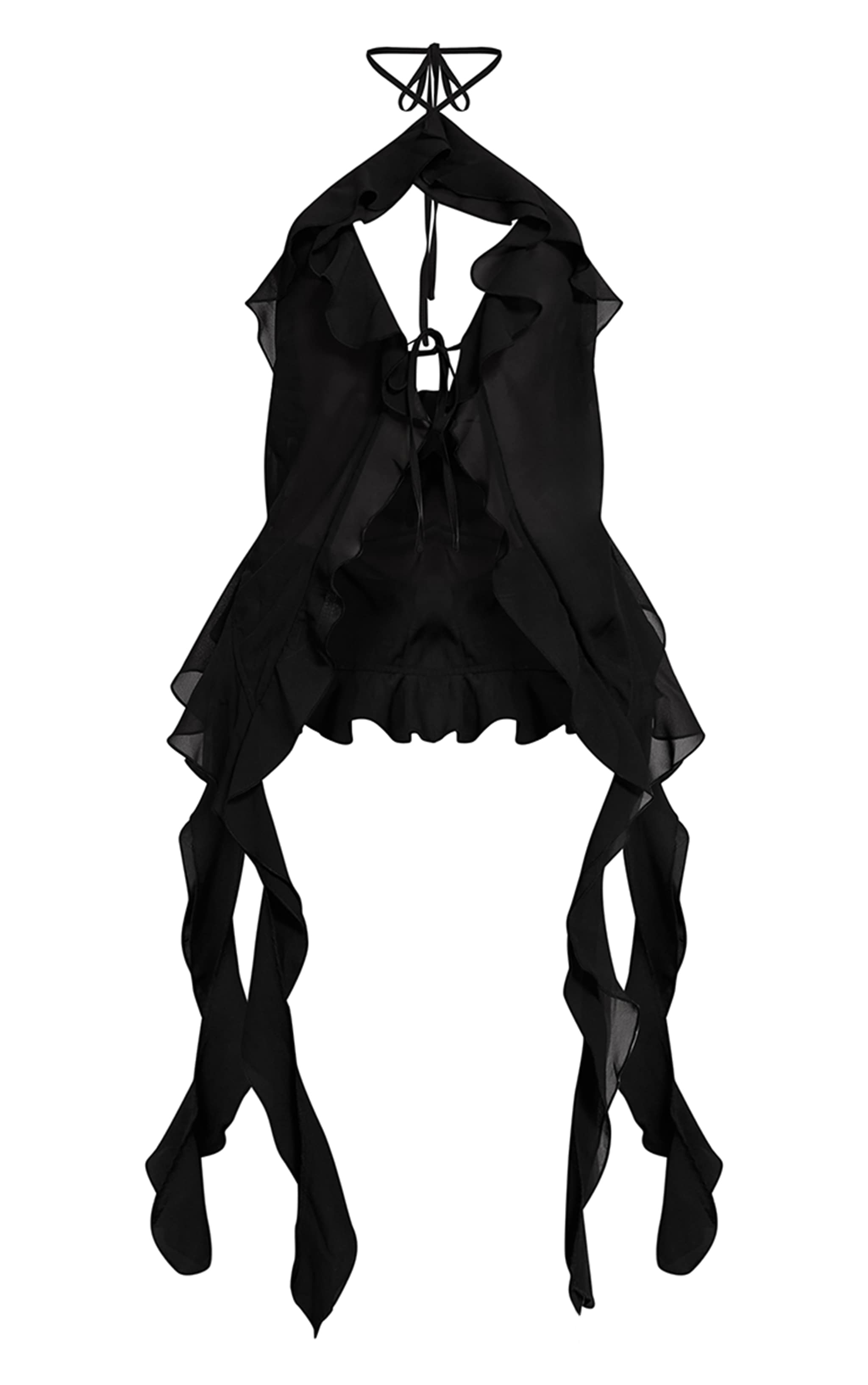 Black Chiffon Ruffle Drape Detail Longline Top image 5
