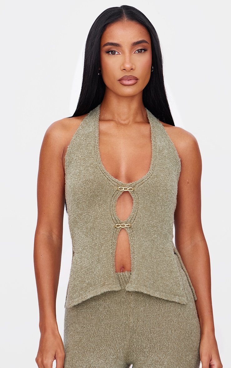 Olive Soft Bobble Knit Gold Trim Vest Top image 4