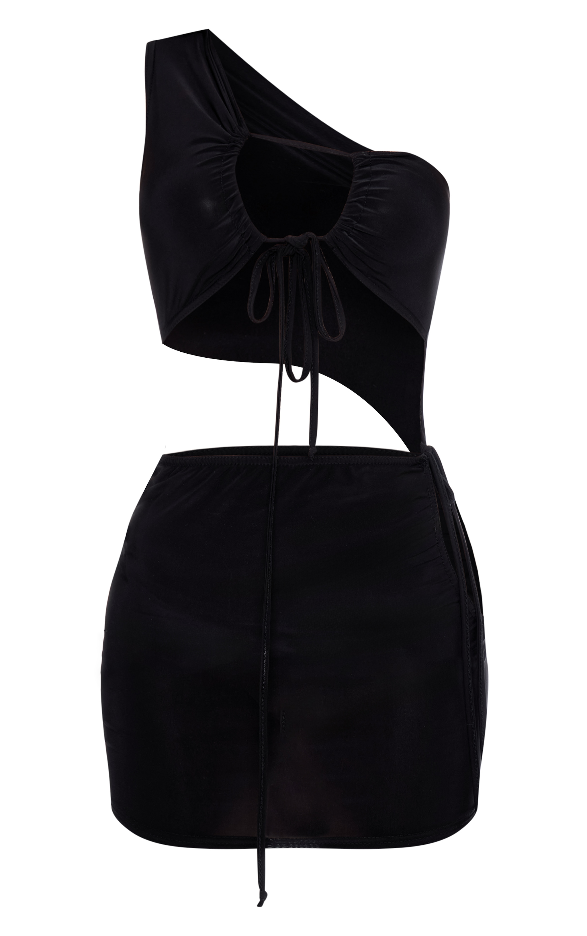 Black Double Layer Slinky One Shoulder Cut Out Mini Dress image 1