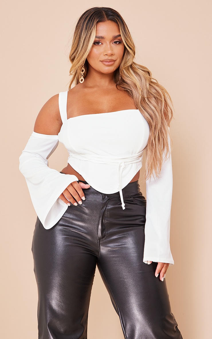 Shape Cream Bardot Flared Sleeve Lace Up Crop Top