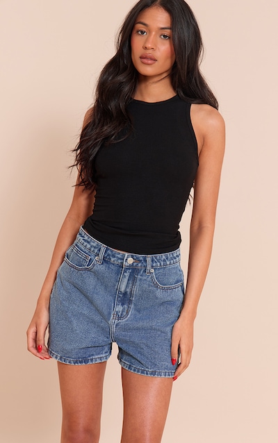 Tall Mid Blue Wash High Waisted Mom Shorts