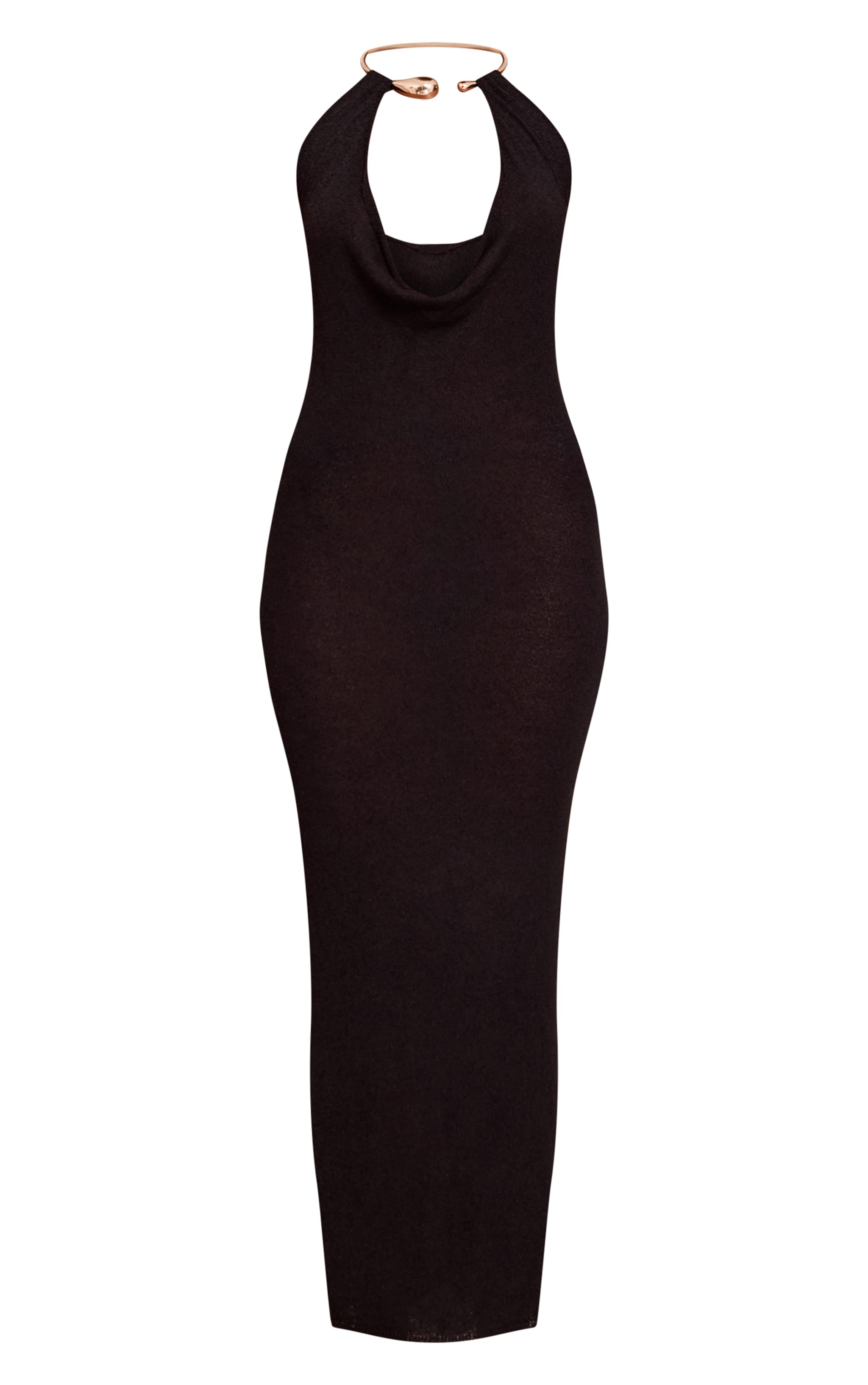 Robe longue en maille tricot noire à empiècement collier doré image 5