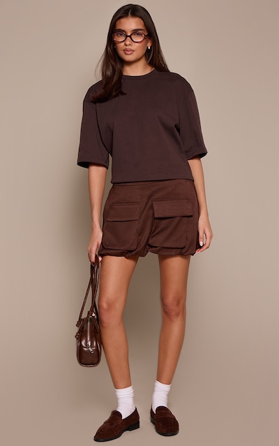 Mini-jupe utilitaire bouffante tissée chocolat