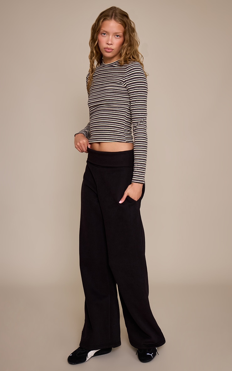 Black Fold Over Waist Wide Leg Track Pants image 2
