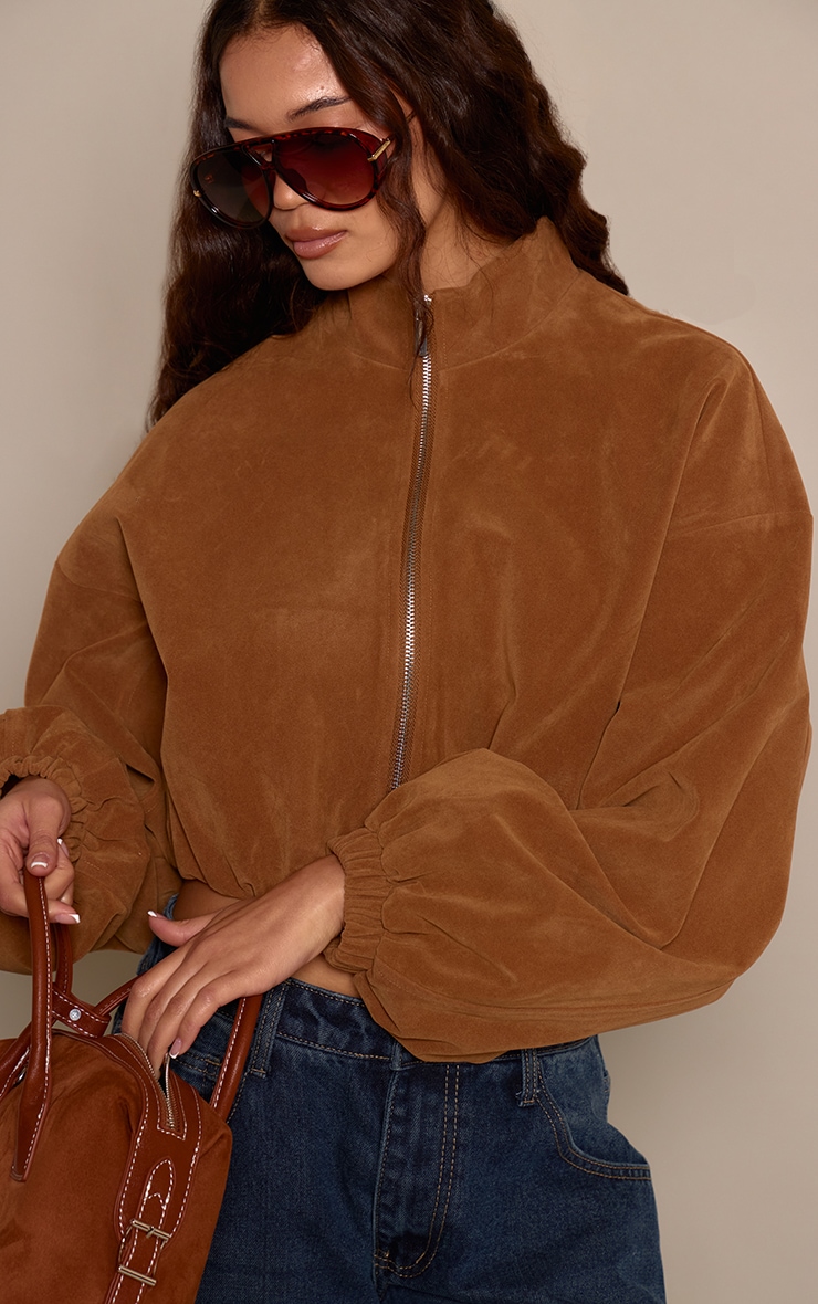 Caramel Faux Suede Cropped Bomber Jacket  image 4