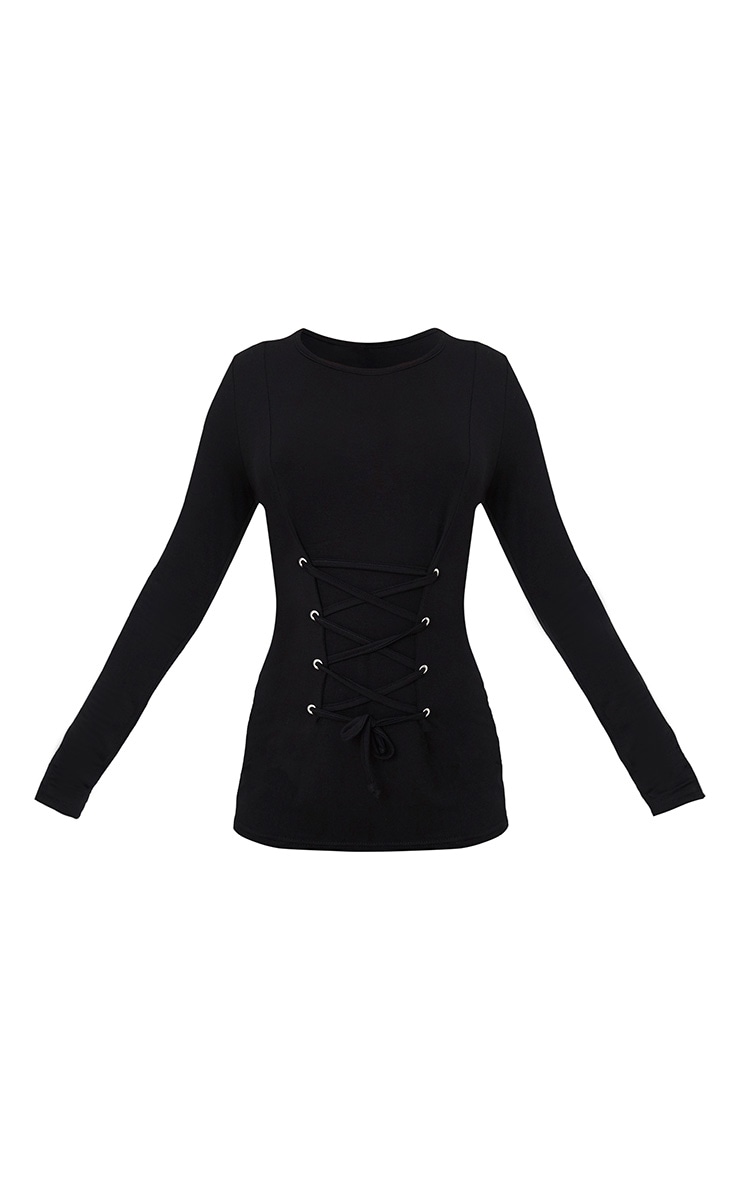 Black Lace Up Corset Long Sleeve T Shirt Tops PrettyLittleThing