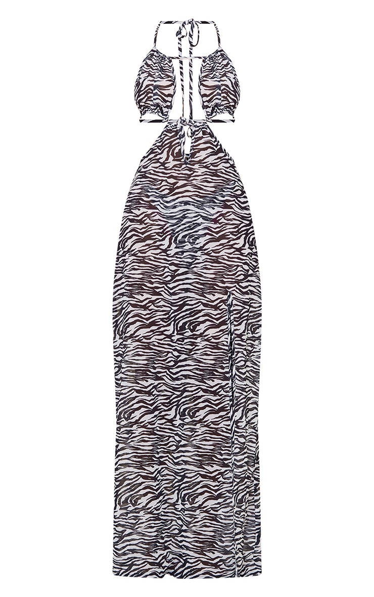 Monochrome Zebra Linen Feel Cut Out Halterneck Maxi Beach Dress image 2